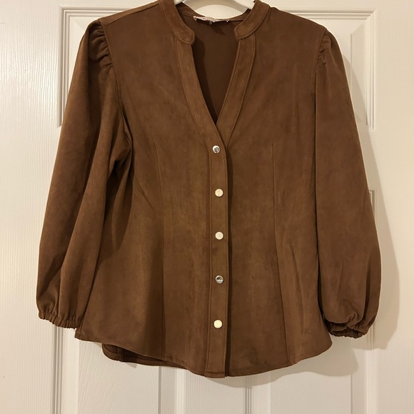 Philosophy Tops - Philosophy Brown Long Sleeve Blouse with Puff Sleeves